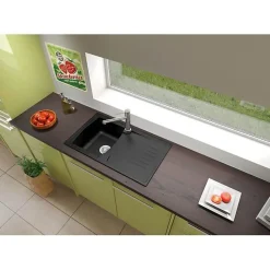STRADOUR Evier cuisine a encastrer 1 bac + 1 egouttoir Arena - Resine - 86 x 50 cm - Noir