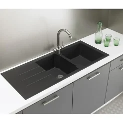 STRADOUR Evier cuisine a encastrer 2 bacs + 1 egouttoir Aloa - Resine - 116 x 50 cm - Noir