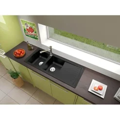 STRADOUR Evier cuisine a encastrer 2 bacs + 1 egouttoir Arena - Resine - 116 x 50 cm - Noir