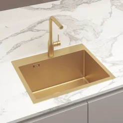 Swiss Aqua Technologies Aurum Évier de cuisine encastrable inox 304, 1 bac , 55x45x21 cm, Or brossé PVD