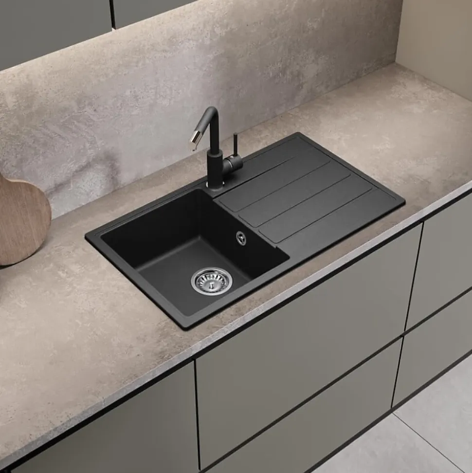 Swiss Aqua Technologies 76x44 cm évier avec égouttoir réversible en Granite, à encastrer, noir (SATSINKGE3B)