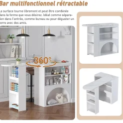 Table Bar Extensible 120(+80)x40x100cm, Plateau Marbre, Blanc