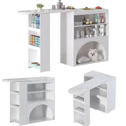 Table Bar Extensible 120(+80)x40x100cm, Plateau Marbre, Blanc