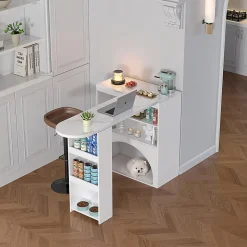 Table Bar Extensible 120(+80)x40x100cm, Plateau Marbre, Blanc