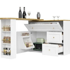 Table Bar Extensible 138-204x39x105cm, Îlot Cuisine, Blanc