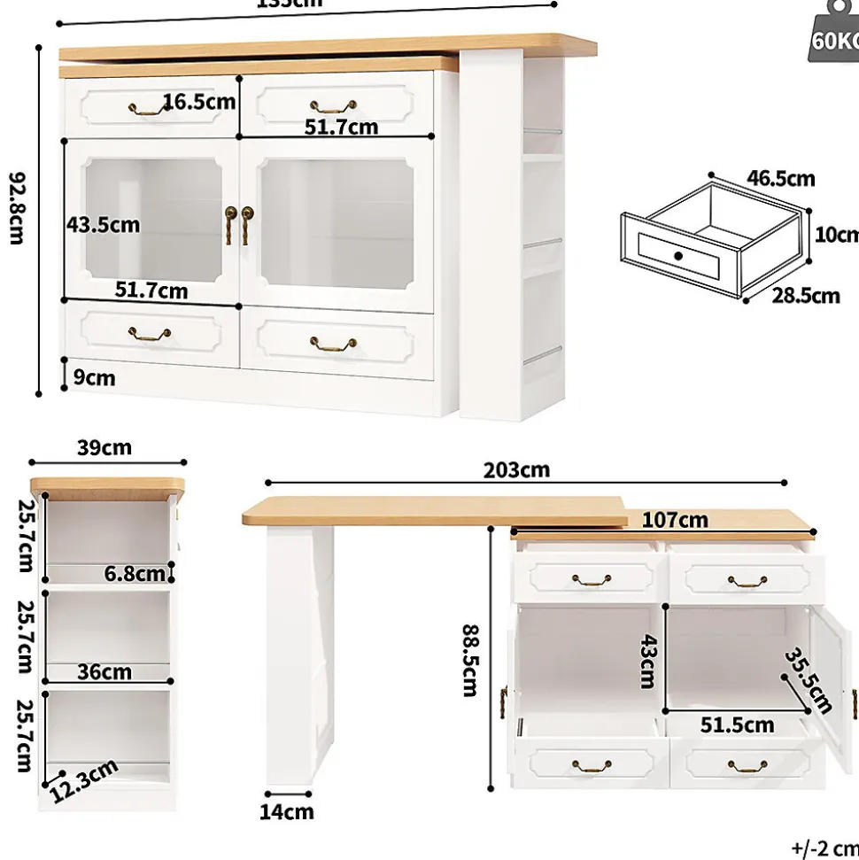 Table Bar Pivotante 135-203x39x92.8cm, LED, Blanc