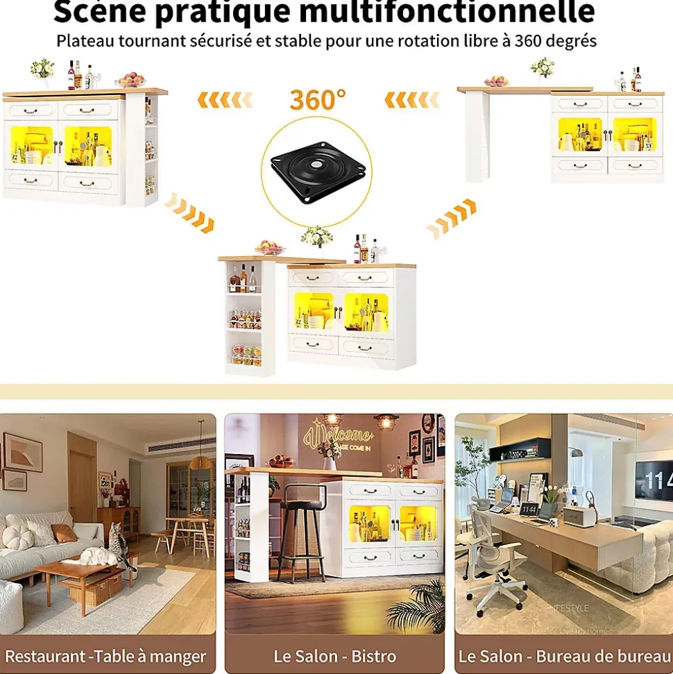 Table Bar Pivotante 135-203x39x92.8cm, LED, Blanc