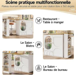 Table Bar Pivotante,138x39x102cm, 3 Portes, Blanc/Noir
