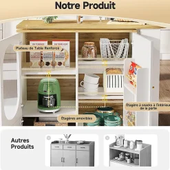 Table Bar Pivotante,138x39x102cm, 3 Portes, Blanc/Noir