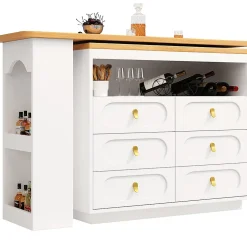 Table Bar Rotative 138-203cm, Roulettes, Tiroirs, Blanche