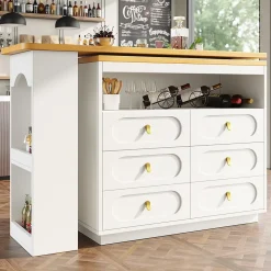 Table Bar Rotative 138-203cm, Roulettes, Tiroirs, Blanche