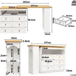 Table Bar Rotative 138-203cm, Roulettes, Tiroirs, Blanche