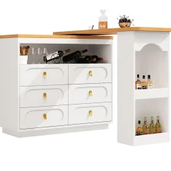 Table Bar Rotative 138-203cm, Roulettes, Tiroirs, Blanche