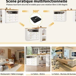 Table Bar Rotative 138-203cm, Roulettes, Tiroirs, Blanche