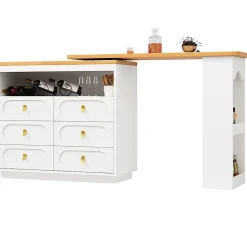 Table Bar Rotative 138-203cm, Roulettes, Tiroirs, Blanche