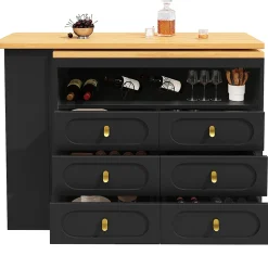 Table Bar Rotative 138-203cm, Roulettes, Tiroirs, Noir