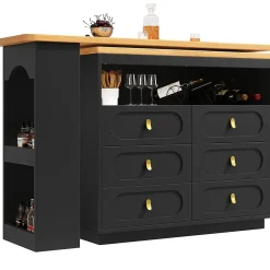 Table Bar Rotative 138-203cm, Roulettes, Tiroirs, Noir