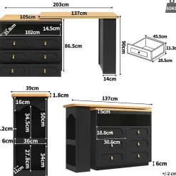 Table Bar Rotative 138-203cm, Roulettes, Tiroirs, Noir