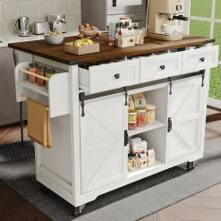 Table de Bar Extensible avec 2 Portes Coulissantes et 3 Tiroirs, Meuble Bar Multifonction sur Roulettes, Métal et MDF, Beige