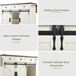 Table de Bar Extensible avec 2 Portes Coulissantes et 3 Tiroirs, Meuble Bar Multifonction sur Roulettes, Métal et MDF, Beige