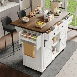 Table de Bar Extensible avec 2 Portes Coulissantes et 3 Tiroirs, Meuble Bar Multifonction sur Roulettes, Métal et MDF, Beige