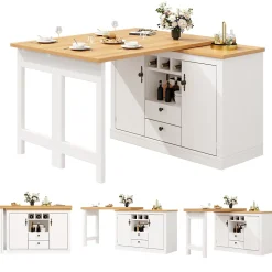 Table de Bar Extensible Pivotante avec Rangement et Étagères Réglables, Meuble Moderne en MDF, Blanc et Naturel, 120-180x40x76 cm