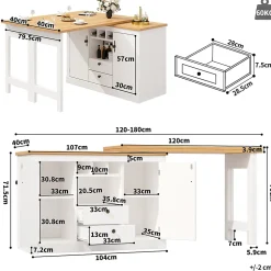 Table de Bar Extensible Pivotante avec Rangement et Étagères Réglables, Meuble Moderne en MDF, Blanc et Naturel, 120-180x40x76 cm