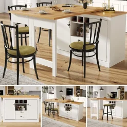 Table de Bar Extensible Pivotante avec Rangement et Étagères Réglables, Meuble Moderne en MDF, Blanc et Naturel, 120-180x40x76 cm