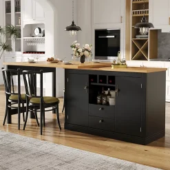 Table de Bar Extensible Pivotante avec Étagères Réglables et Poignées Métalliques - MDF - Noir/Naturel - 120-180x40x76 cm