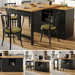 Table de Bar Extensible Pivotante avec Étagères Réglables et Poignées Métalliques - MDF - Noir/Naturel - 120-180x40x76 cm