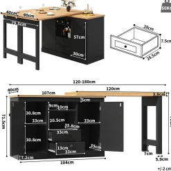 Table de Bar Extensible Pivotante avec Étagères Réglables et Poignées Métalliques - MDF - Noir/Naturel - 120-180x40x76 cm
