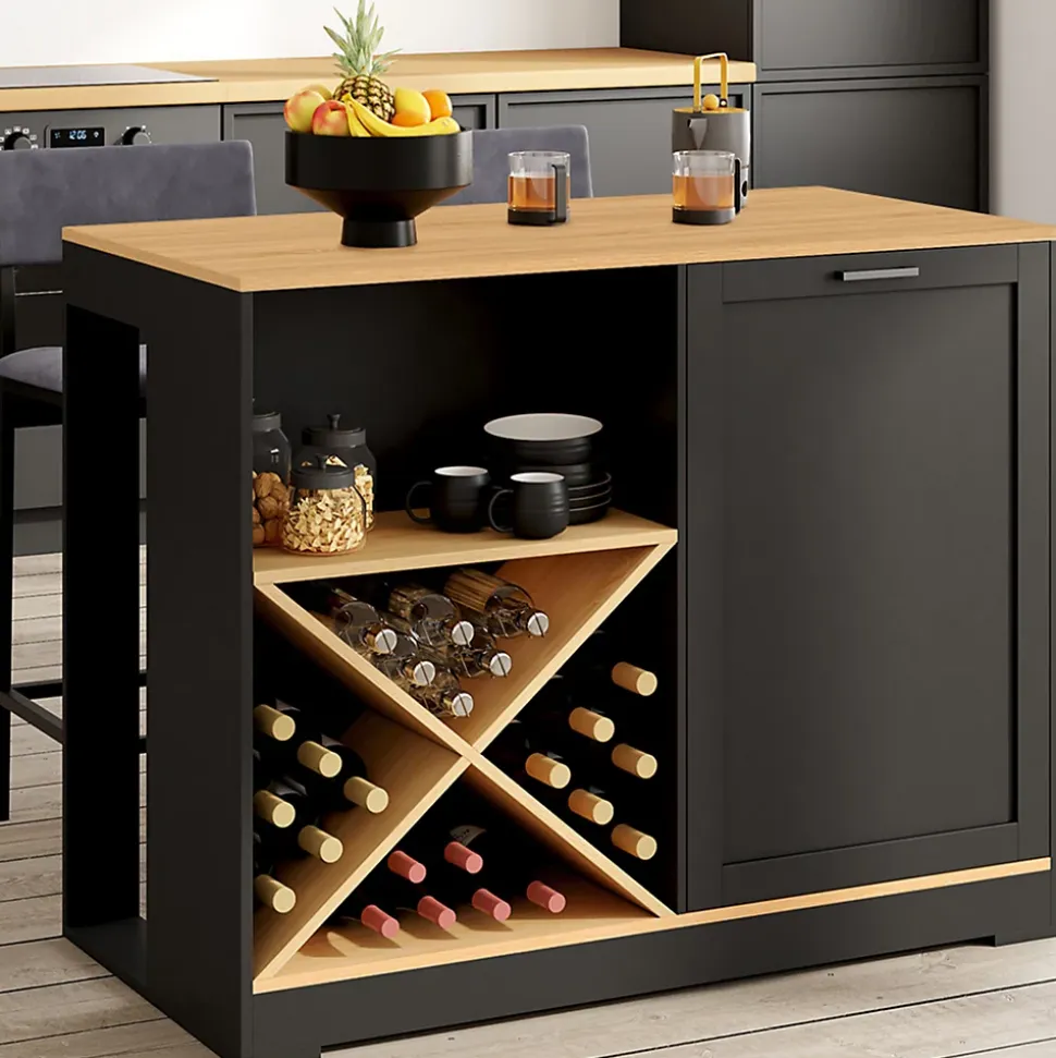 Table de bar îlot VITO 113 cm avec range bouteilles bois noir et plateau façon hêtre