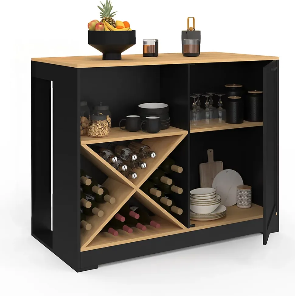 Table de bar îlot VITO 113 cm avec range bouteilles bois noir et plateau façon hêtre