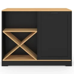 Table de bar îlot VITO 113 cm avec range bouteilles bois noir et plateau façon hêtre