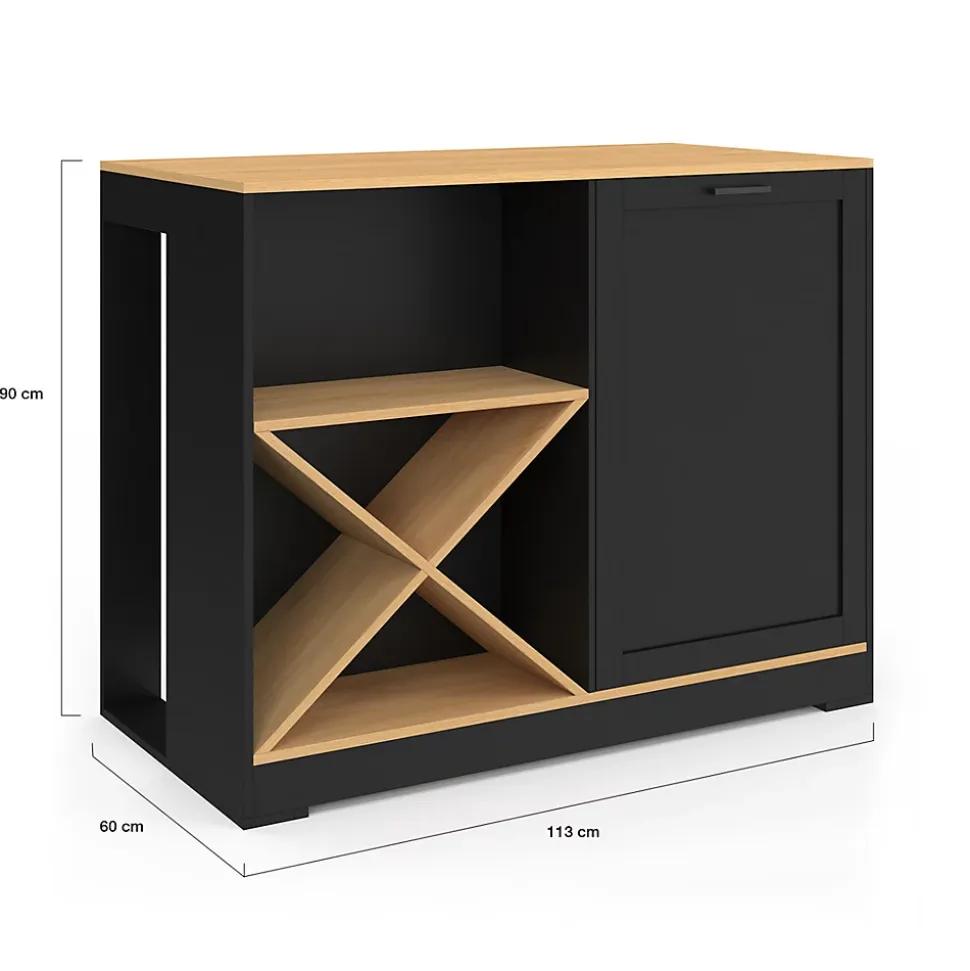 Table de bar îlot VITO 113 cm avec range bouteilles bois noir et plateau façon hêtre