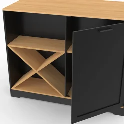 Table de bar îlot VITO 113 cm avec range bouteilles bois noir et plateau façon hêtre