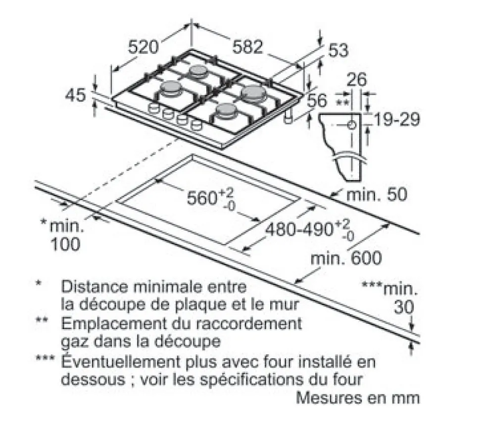 Table de cuisson au gaz NEFF - 4 foyers - L58,2 x P52 cm - T26DS49N0