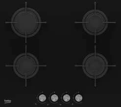 Table de cuisson gaz 60cm 4 feux 7400w verre noir Beko HILG64221S