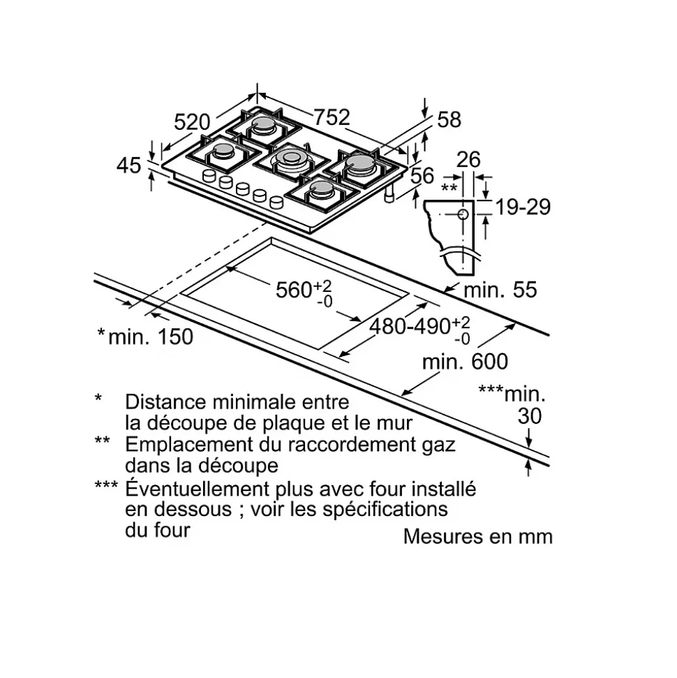 Table de cuisson gaz 75cm 5 feux 11700w noir Siemens ER7A6RH40 iq700
