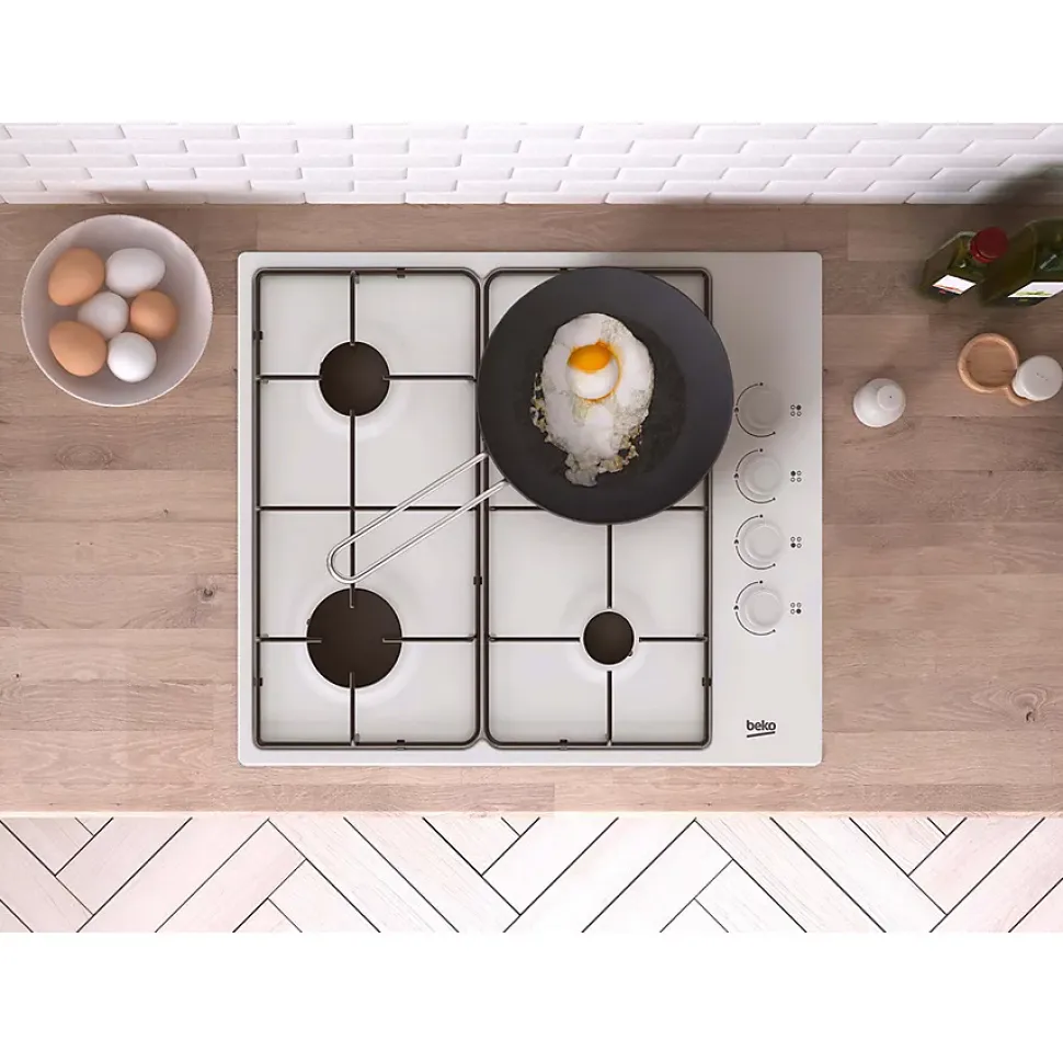 Table de cuisson gaz 60cm 4 feux blanc Beko HIGG64123SW