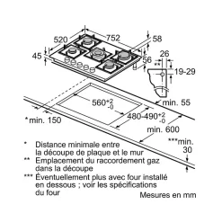 Table de cuisson gaz 75cm 5 feux 11500w noir Bosch PPQ7A6I40