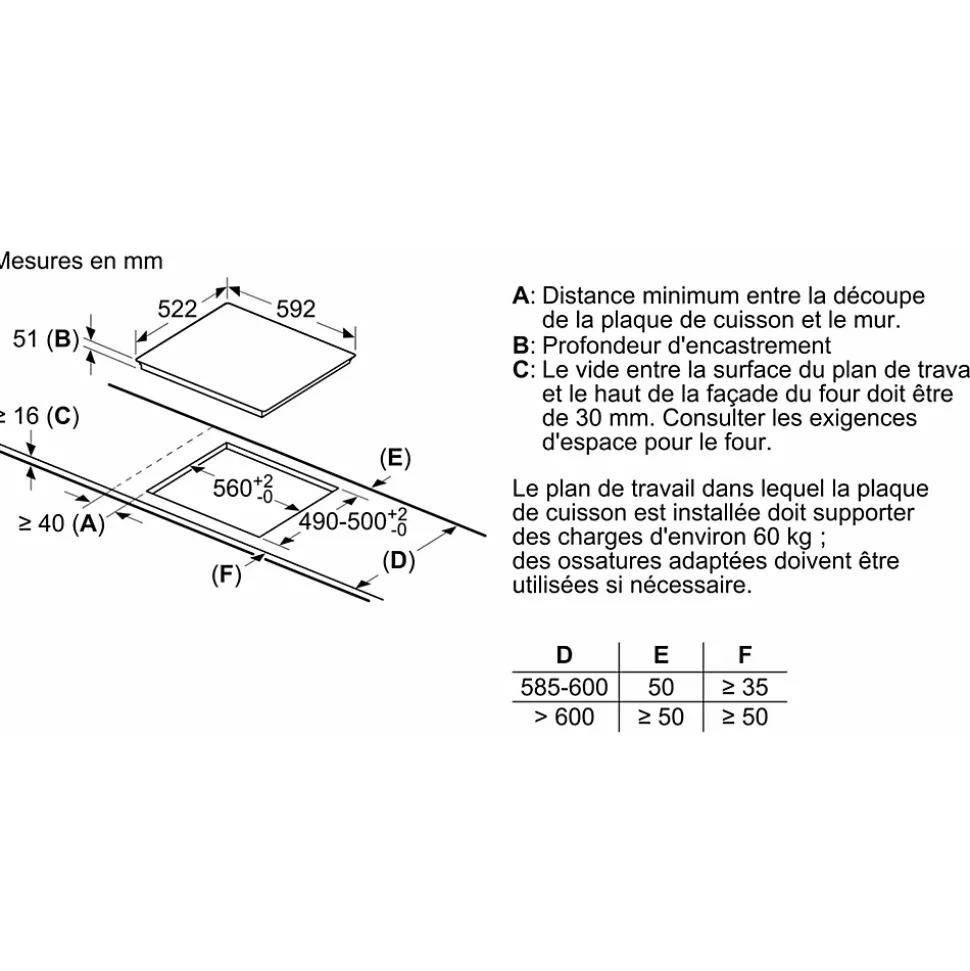Table de cuisson induction 60cm 3 foyers 7400w noir Siemens EH631BJB6E iq100