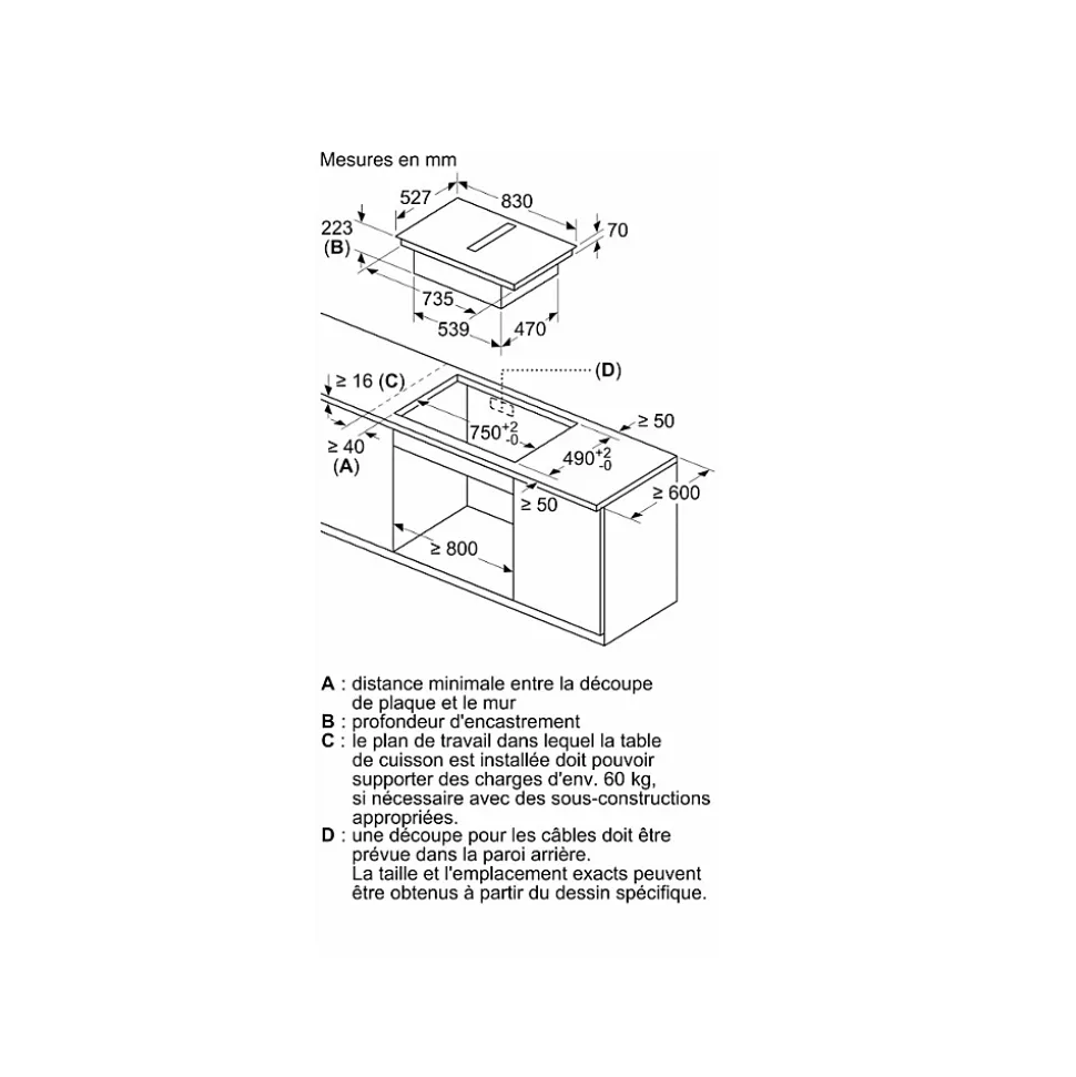 Table de cuisson induction aspirante 80cm 4 feux 7400w noir Neff V68TTX4L0