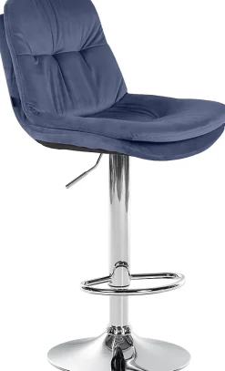 Tabouret de bar ajustable Laurel, velours, pivotant, dossier, repose-pieds, rembourré Métalchromé/Bleu
