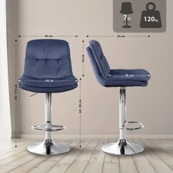 Tabouret de bar ajustable Laurel, velours, pivotant, dossier, repose-pieds, rembourré Métalchromé/Bleu