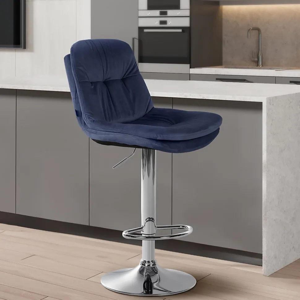 Tabouret de bar ajustable Laurel, velours, pivotant, dossier, repose-pieds, rembourré Métalchromé/Bleu