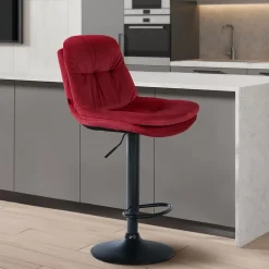 Tabouret de bar ajustable Laurel, velours, pivotant, dossier, repose-pieds, rembourré Métalnoirmat/Rouge