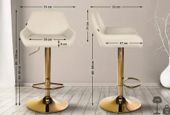 Tabouret de bar Braga cuir synthétique, structure dorée, réglable, pivotant 360, repose-pieds, cuisine et bar Crème