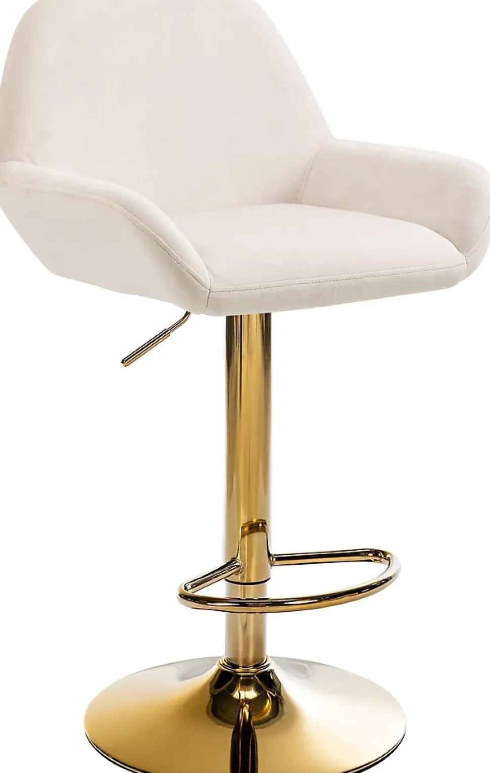 Tabouret de bar Braga velours structure dorée, réglable en hauteur, pivotant à 360 , repose-pieds, cuisine, bar Crème