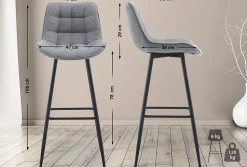 Tabouret de bar Dartford, Chaise de bar rembourrée, Tabouret de bar avec structure métallique et dossier Gris/Tissu